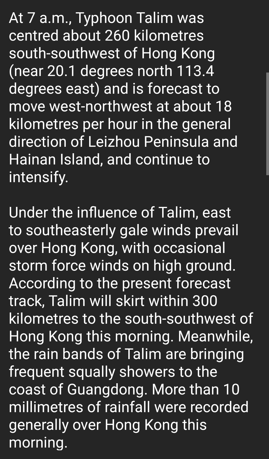 Typhoon Talim -- HK Observatory Latest